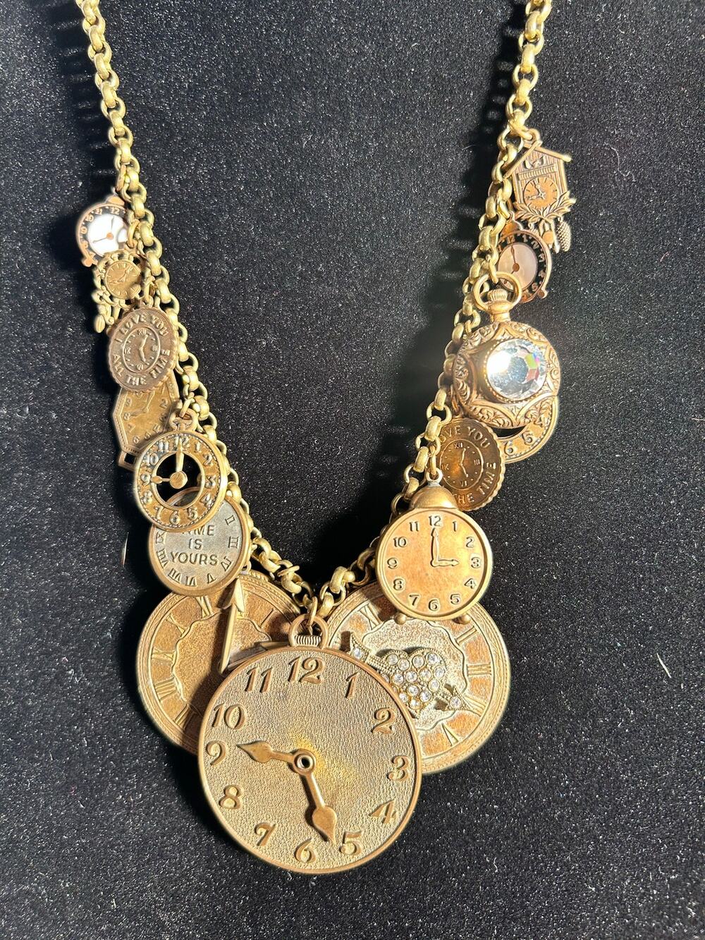 Vintage Pididdly Links Kingston NY Coin & Clock Charm Statement Necklace Gold